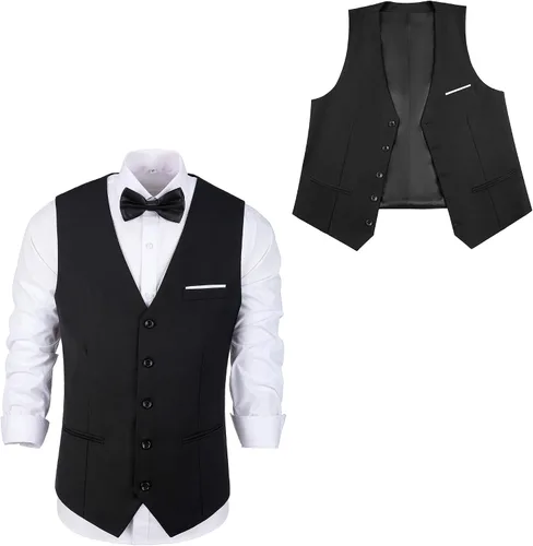 Vista 3 de Mrbuerly Chaleco de traje para hombre, chaleco de esmoquin para boda, chaleco formal con cuello en V