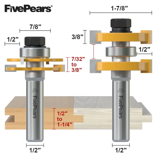 Vista 2 de FivePears Juego de brocas de router de machihembrado ajustable con vástago de 1/2 pulgada, estilo Shaker de 3 dientes en forma de T, broca