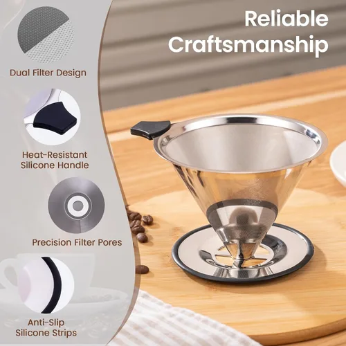Vista 5 de 【2.0 mejorado】Gotero de café reutilizable de acero inoxidable con base antideslizante y asa, cafetera sin papel (plateado)