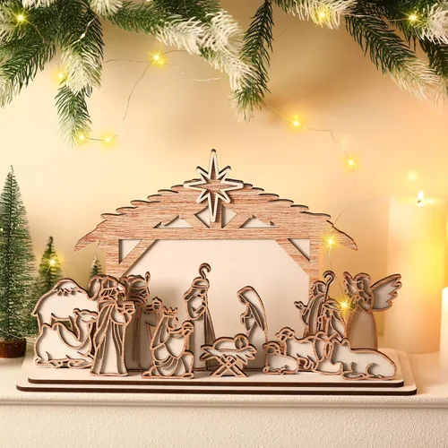 Vista 6 de Soaoo - Juego de 15 piezas de pesebre de Navidad, decoración de mesa de pesebre de madera Baby Jesus Angels Shepherds, centro de mesa de belén