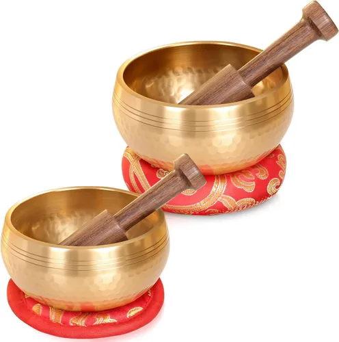 Vista 9 de Relaehih Juego de 2 cuencos tibetanos cantantes, 100% hechos a mano en Nepal, juego de meditación de cuencos con sonido para yoga, curación