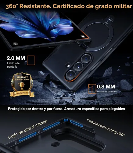 Vista 9 de TORRAS Soporte Magnético Giratorio de 360° para Funda Galaxy Z Fold 7, Protección de Bisagra Grado Militar, Compatible con Magsafe, Soporte de 360°