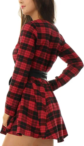 Vista 4 de Allegra K Vestido de Navidad a cuadros para mujer, de manga larga, con botones, con cinturón