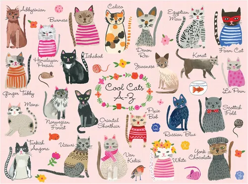 Vista 2 de Galison, Puzzle Cool Cats A-Z 1000 Pieza Illustrated Art by Carolyn Gavin, Cat Lover Gift, Pets, Animal, Challenging, Recycled Paper, No Dust
