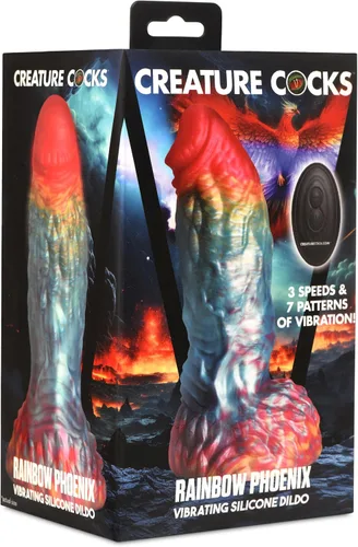 Vista 9 de CREATURE COCKS Consolador vibratorio de silicona Rainbow Phoenix para hombres, mujeres y parejas. Consolador de fantasía con potente vibración.
