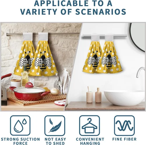 Vista 5 de Honey Bee - Juego de 2 toallas colgantes de cocina de verano con lunares y lazo para colgar, toallas de cocina de granja amarillas, suaves