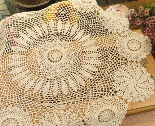 Vista 5 de Hetao Mantel redondo de ganchillo 100% algodón hecho a mano, fundas de mesa de encaje, beige, 27 pulgadas