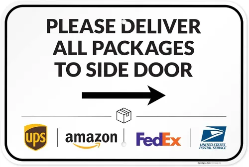 Vista 38 de Señal de entrega del paquete, instrucciones de entrega todo el paquete a la señal de la puerta trasera, 10 x 7 pulgadas, aluminio 040 libre