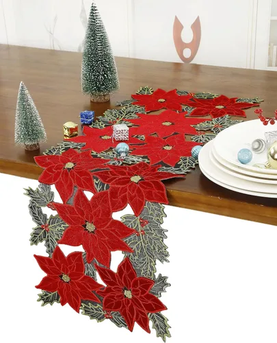 Vista 2 de GRANDDECO Camino de Mesa Navideño para Fiestas Campestres Bufandas de Tocador Bordadas con Flores de Nochebuena Navideñas Xmas para Casa Cocina Mesa