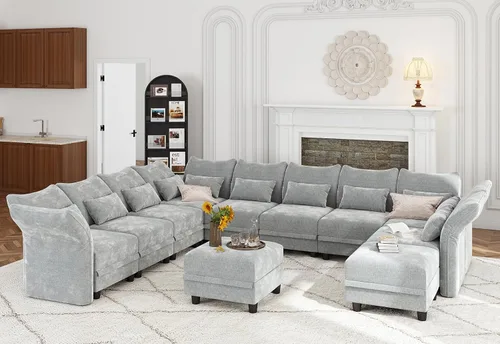 Vista 23 de LLappuil Sofá modular de 14 plazas con almacenamiento, sofás modulares grandes en forma de U para sala de estar con respaldos de brazos ajustables