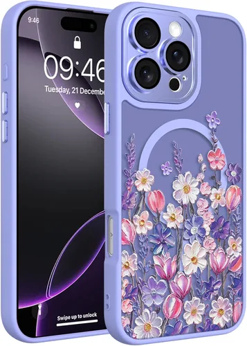 Vista 25 de Magnético para iPhone 13 con protector de pantalla [Compatible con MagSafe] Diseño de patrón floral de flores bonitas, funda delgada a prueba