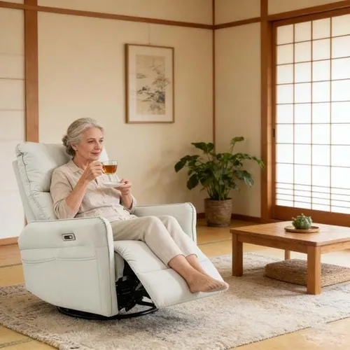 Vista 2 de Sillón reclinable eléctrico con base giratoria, silla reclinable eléctrica con carga USB, piel sintética (gris claro)