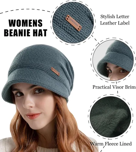 Vista 3 de KMOLY Gorro de punto para mujer con visera para invierno, con forro polar, gorro de nieve con calavera