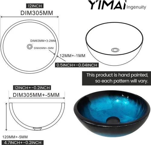 Vista 3 de Fregadero de baño de 12 pulgadas, lavabo de vidrio templado, cuenco redondo con grifo combinado, azul
