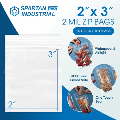 Vista 2 de Spartan Industrial - 2" X 3" (1000 unidades) 2 mil, bolsas de plástico con cierre transparente reutilizables con cierre de seguridad resellable