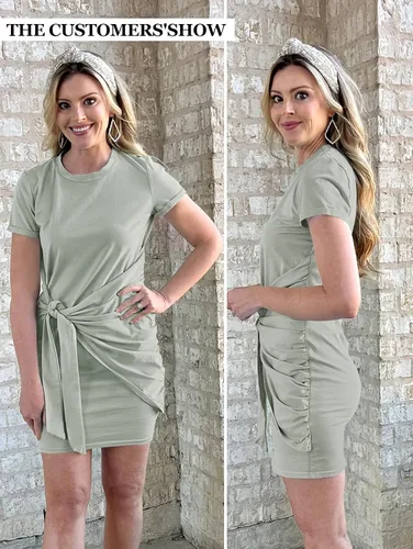 Vista 8 de MEROKEETY - Vestido camisero femenino de manga corta y cuello redondo, corto y entallado, fruncido y con lazo en la cintura