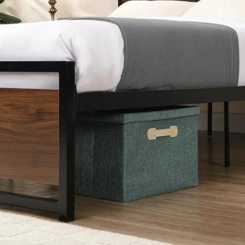 Vista 5 de Base de cama de metal de tamaño matrimonial con cabecera y estribo de madera, base de cama de plataforma resistente con almacenamiento, base