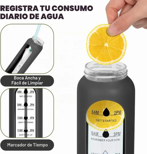 Vista 4 de Botella de agua de vidrio de 32 onzas con marcador de tiempo, tapa de boquilla con asa de 2 tapas y tapa de popote de bambú, botella de agua Negro