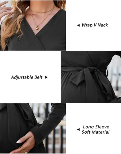 Vista 6 de OUGES Túnicas de maternidad para mujer, camisas de manga largacorta, cuello en V, ropa de maternidad para lactancia, blusa casual de embarazo