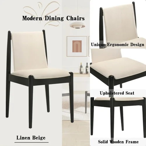 Vista 4 de DUOMAY Juego de 2 sillas de comedor modernas tapizadas de lino beige, sillas de madera sin brazos con cojín de asiento acolchado y marco resistente
