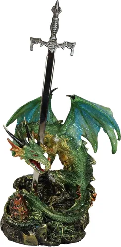 Vista 3 de Ebros Gift Legendario brillante verde metálico blindado centinela caballero dragón sosteniendo Tiki Murciélago espada abrecartas figura figura