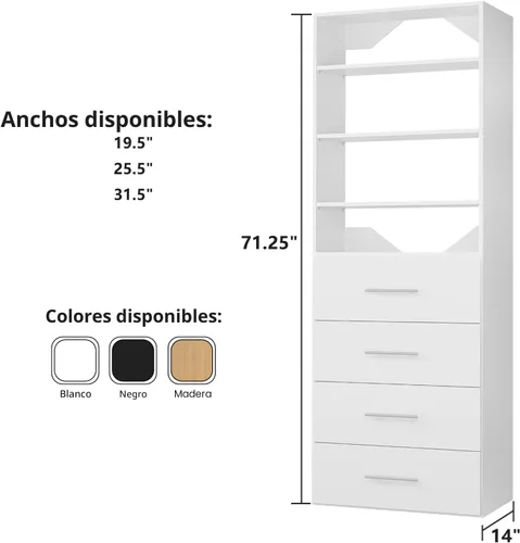 Vista 8 de ROOMTEC Sistema de Armario Modular, Torre de Armario con Estante de 4 Cajones de 19.5", Organizador de Armario Montado en la Pared, Torre de Madera
