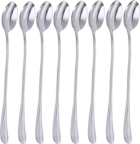 Vista 3 de DEALIGHT - Cucharas de acero inoxidable 18/10 de mango largo, juego de 8 piezas, cucharas de té helado de 9 pulgadas, cucharas agitadoras Cuchara