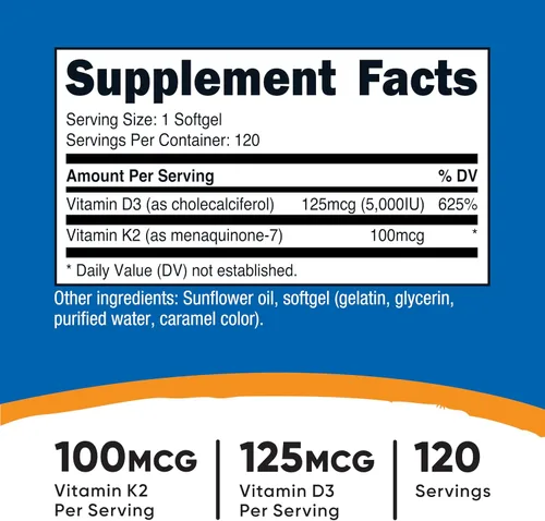 Vista 2 de Nutricost Vitamina K2 (MK7) (100mcg) + Vitamina D3 (5,000 UI) 120 Cápsulas Blandas - Sin Gluten y Sin OMG