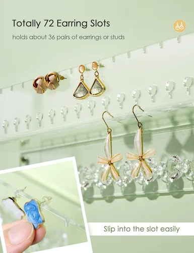 Vista 4 de Organizador de joyas colgante de acrílico montado en la pared con estante flotante, organizador de collar y organizador de aretes para mujeres
