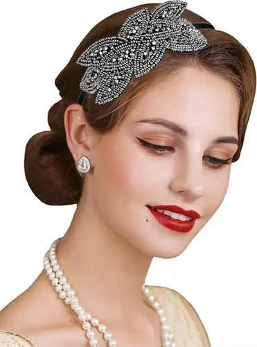 Vista 8 de Juego de accesorios de disfraz de Gatsby, diadema y collar de perlas, guantes de plástico
