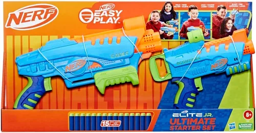 Vista 4 de Nerf Elite Jr Ultimate Starter Set, 2 lanzadores de espuma de juguete fáciles de jugar, 15 dardos Nerf Elite, 2 objetivos, juegos al aire libre