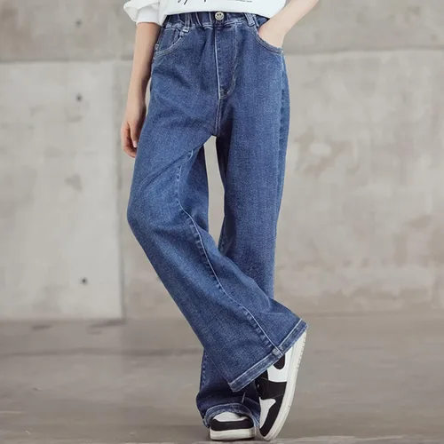 Vista 4 de birbyrrly Pantalones de mezclilla de pierna ancha para niñas, holgados, cintura elástica, pantalones de mezclilla casuales con bolsillos