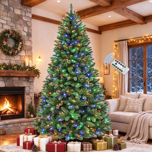 Vista 8 de Árbol de Navidad flocado de 6.5 pies, 330 luces LED blanco cálido y multicolor, 983 puntas de ramas de PVC, control remoto, pedal de pie, 10 modos