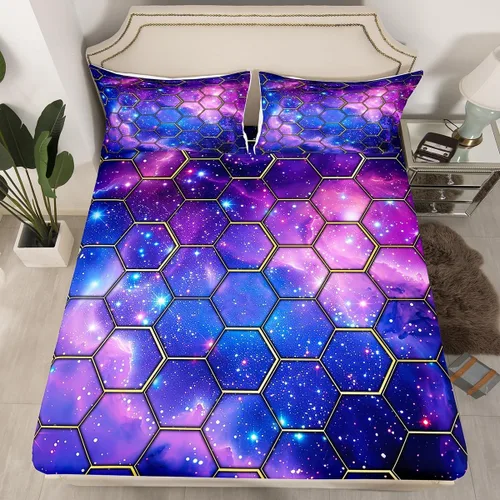Vista 23 de Manfei Juego de sábanas bajeras de panal de galaxia, tamaño individual, 2 piezas, estampado geométrico hexagonal, funda de cama de cielo estrellado