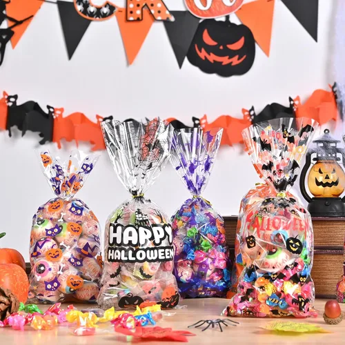 Vista 5 de AhfuLife 200 bolsas de celofán de Halloween, 8 diseños de bolsas de dulces transparentes de Halloween con lazos giratorios para golosinas o tratos