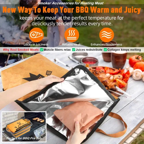 Vista 3 de Manta de barbacoa para descansar carne, ahumador, manta reutilizable para ahumador, bolsa de descanso aislada de carne con boca ancha para pechuga
