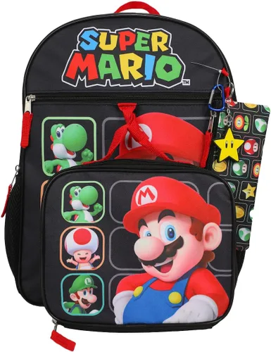 Vista 3 de Super Mario Bros Character Grid - Juego de mochila juvenil de 5 piezas de 16 pulgadas, Negro -, Mochila, simple