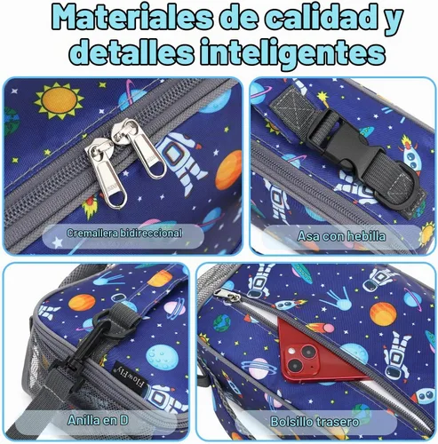Vista 5 de Flowfly - Lonchera para niños, bolsa escolar aislada duradera con correa de hombro y soporte para botellas, minihielera térmica resistente al agua