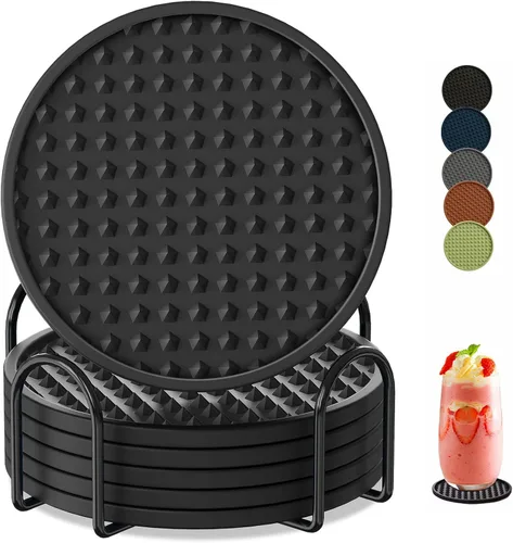 Vista 19 de Paquete de 6 posavasos para bebidas con soporte, tapete de silicona antideslizante, posavasos de goma vivos para bebidas calientes o frías, se