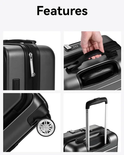 Vista 9 de LUGGEX Maleta de mano con bolsillo frontal, maleta rígida de policarbonato expandible con puerto USB, Negro -, Maleta de mano