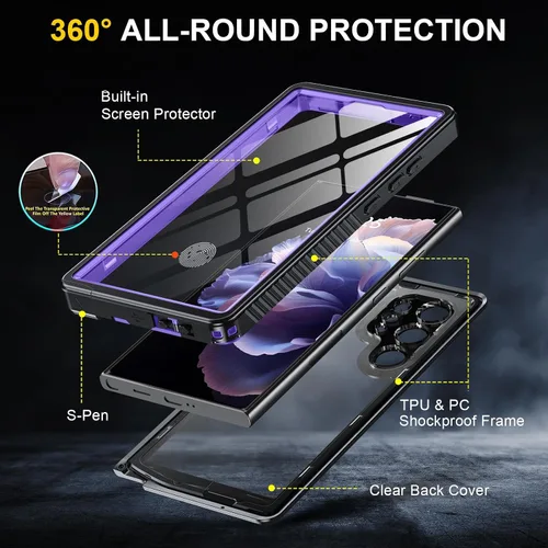 Vista 7 de ANTSHARE Funda impermeable para Samsung Galaxy S24 Ultra, lente incorporada y protector de pantalla de cuerpo completo de 360°, resistente a prueba