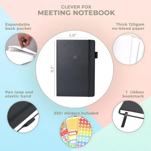 Vista 2 de Clever Fox Cuaderno de reuniones - Organizador de trabajo y negocios con notas y artículos de acción - Bloc de notas para gestión de proyectos