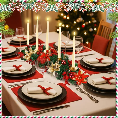 Vista 4 de Sliner Centro de Mesa Navideño de Sobremesa de 30 Pulgadas Portavelas de Flor de Pascua con 5 Velas Largas Artificiales LED sin Llama de Punta