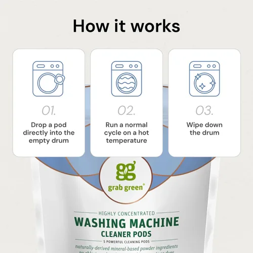 Vista 3 de Grab Green Cápsulas limpiadoras para lavadora, sin fragancia, 5 unidades Limpia y refresca lavadoras; sin productos químicos agresivos; polvo a