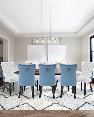 Vista 105 de Juego de 2 sillas de comedor de terciopelo con patas de madera, color beige Mid Century Modern Dining Chairs,Upholstered Chairs with Nailhead