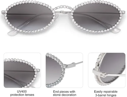 Vista 4 de SOJOS Retro Skinny Oval Rhinestone Sunglasses for Women 90s Styles Bling Hippie Disco Trendy Sun Glasses Small Face SJ1205