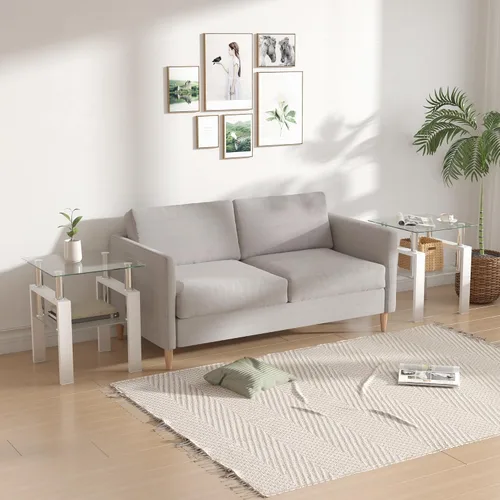 Vista 5 de Mesa auxiliar de cristal de 2 niveles, moderna mesa esquinera de cristal, mesa auxiliar para sala de estar con patas de metal para sala de estar