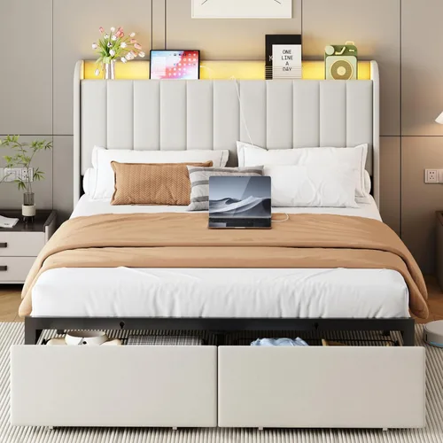 Vista 8 de Base de cama tamaño matrimonial con cabecera de almacenamiento y 2 cajones, base de cama tapizada con luces LED y práctica estación de carga,