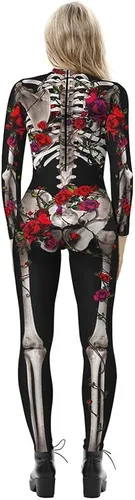 Vista 2 de CUEPANDA Disfraz de Halloween para mujer, disfraz de esqueleto, overol de manga larga con estampado 3D de calavera, traje de cosplay
