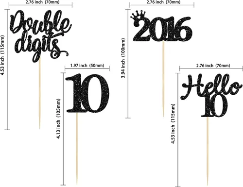 Vista 2 de Gyufise Paquete de 24 adornos negros para cupcakes de 10.º cumpleaños con purpurina negra 10 Ten Hello 10 Dights dobles desde 2015 para decoraciones